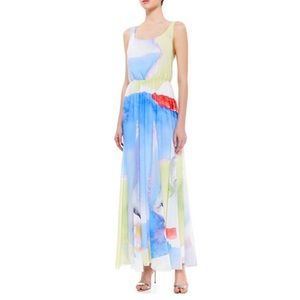 Alice & Olivia Nina Watercolor-Print Sleeveless Summer Seaside Maxi Dress w/Belt